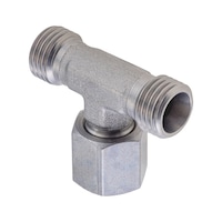 Adjustable T-shaped sealing cone fitting ISO 8434-1, zinc-nickel-plated steel, cutting ring connection with o-ring