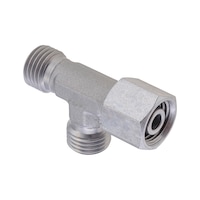Adjustable L-shaped sealing cone fitting ISO 8434-1, zinc-nickel-plated steel, cutting ring connection with o-ring