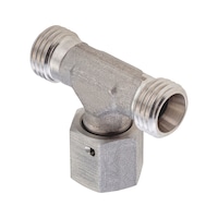 Adjustable T-shaped sealing cone fitting ISO 8434-1, stainless steel 1.4571, cutting ring connection with o-ring