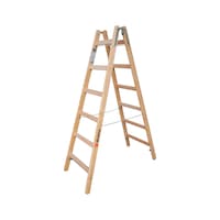 Wooden standing ladder with rungs and chain