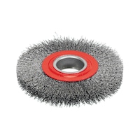 Round brush for bench grinders with high-resistance steel crimped wire  