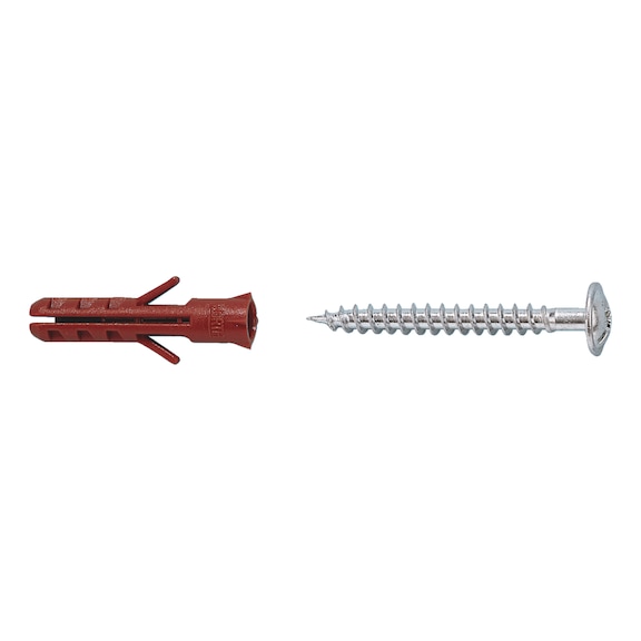 Nylon anchor without flange, includes galvanised half-round head particle board screw W-MR