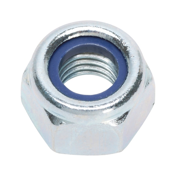 Zeskantmoer, hoge vorm, met klemdeel (niet-metalen inzetstuk) fijne draad ISO 982 staal 8, verzinkt, blauw gepassiveerd (A2K) - 1