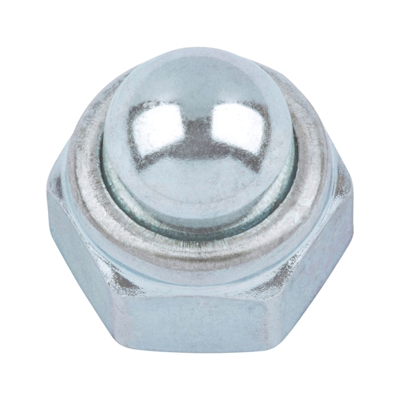 Dado cieco esagonale con elemento di serraggio (inserto non metallico) DIN 986, acciaio 8 zincato, passivato bianco (A2K) - 1