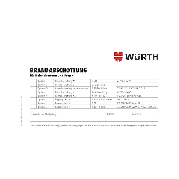 Kennzeichnungsschild Brandabschottung für Kabel und elektrische Leitungen - KENNZSHLD-ROHRE-FUGE