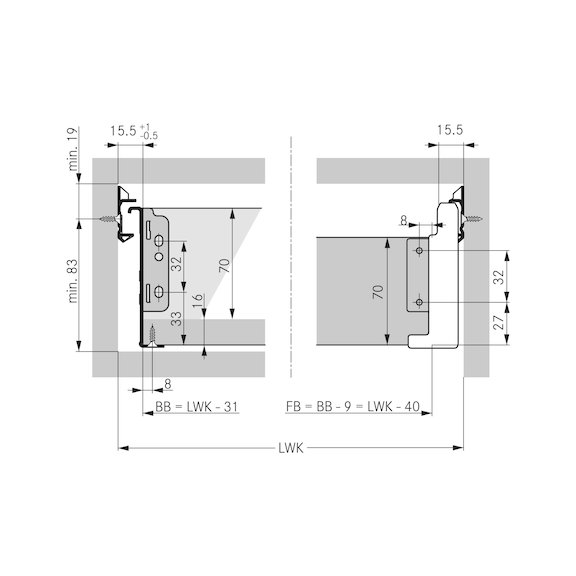 Coulisse interne Kit complet pour tiroir Integra à simple paroi - 2