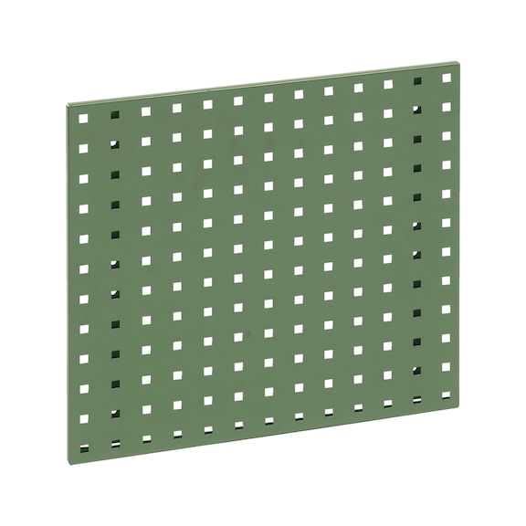 Base plate for square-perforated panel system - BSEPLT-RAL6011-RESEDAGREEN-457X495MM