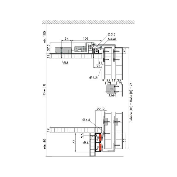 Möbelschiebetürbeschlag-Set redoslide M45-HV für 3 Türen - 3
