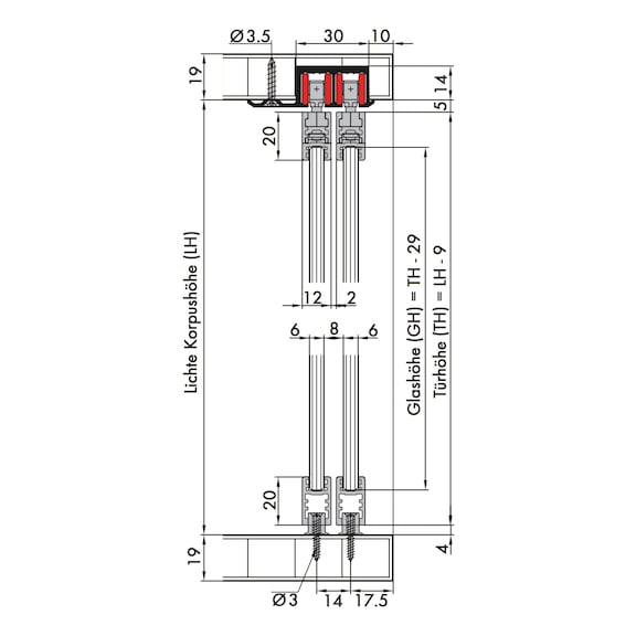 Möbelschiebetürbeschlag-Set redoslide M15-GE mit Glashalteprofil oben und unten - 2