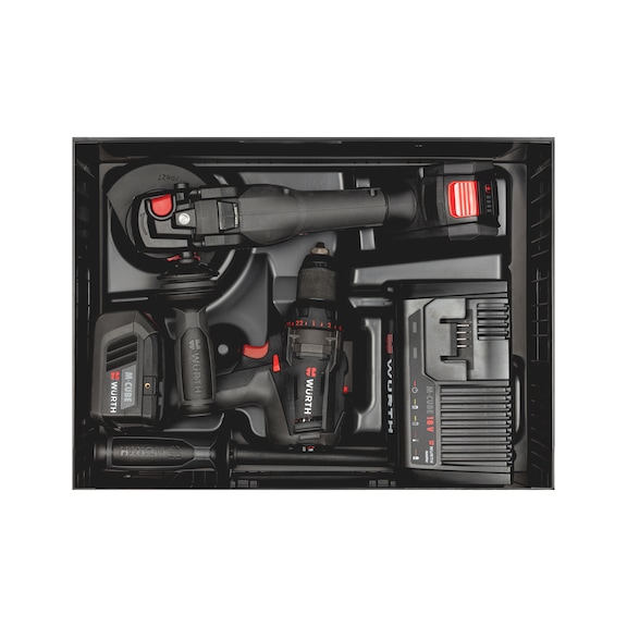M-CUBE 18 volt 2-in-1 case set ABS POWER/AWS 7 pieces, consisting of cordless drill driver ABS 18 POWER, cordless angle grinder AWS 18-125 P COMPACT, 2 x 4 Ah batteries and quick charger in the ORSY® system case 8.4.3 with case insert