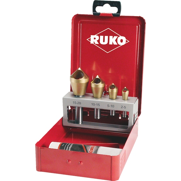 Cross-hole countersink assortment Ruko 102312T conical and countersink deburring tool set with cross hole 90° HSS TiN, 5 pieces