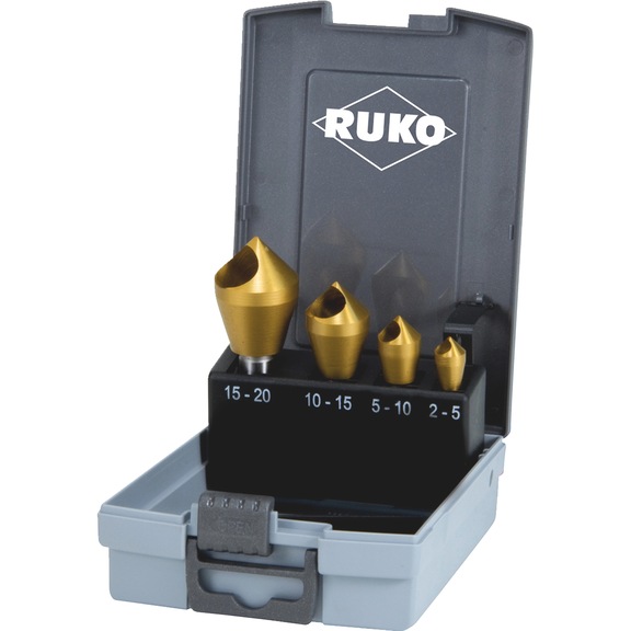 Cross-hole countersink assortment Ruko 102312TRO conical and countersink deburring tool set with cross hole 90° HSS TiN, 4 pieces