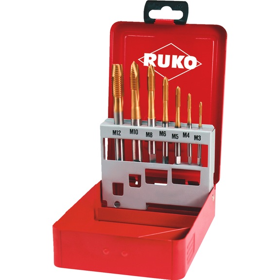 Machine screw tap set/kit 7 pieces Ruko HSS TiN through hole - MATAP-RUKO-245065-HSS-M3-M12