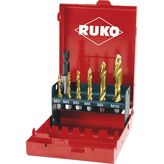 Machine screw tap set/kit Ruko 7-piece combination screw tap cassette "long" HSS TiN