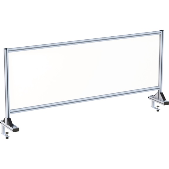 Hygienic FLEX protective screen for table Manufactured from the Würth aluminium profile system WAPS<SUP>® </SUP> - WAPS-HYGIENSHTZWAND-KLEMM-1100X150X800
