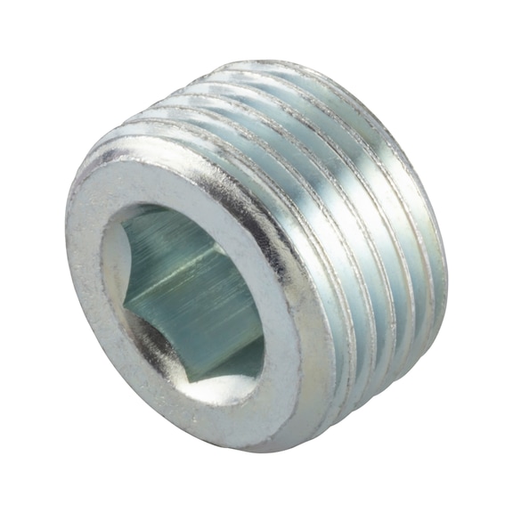 Hexagon socket screw-in nut, tapered thread, imperial DIN 906, steel, zinc-plated blue passivated (A2K) - PLG-THR-DIN906-HS5-(A2K)-R1/8