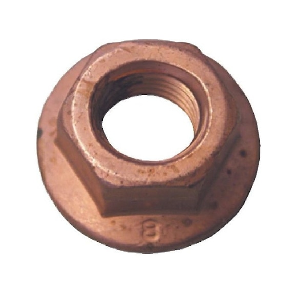 Exhaust nut with flange Steel 6, copper-plated - NUT-FLG-OPEL-6-WS15-(C4L)-H10-FL21-M10