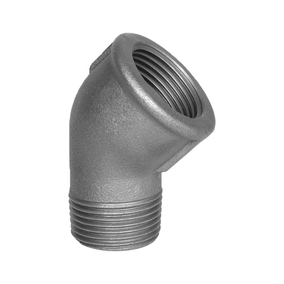 45° elbow with female and male thread EN10242 A4/45°, hot-dip galvanised malleable iron