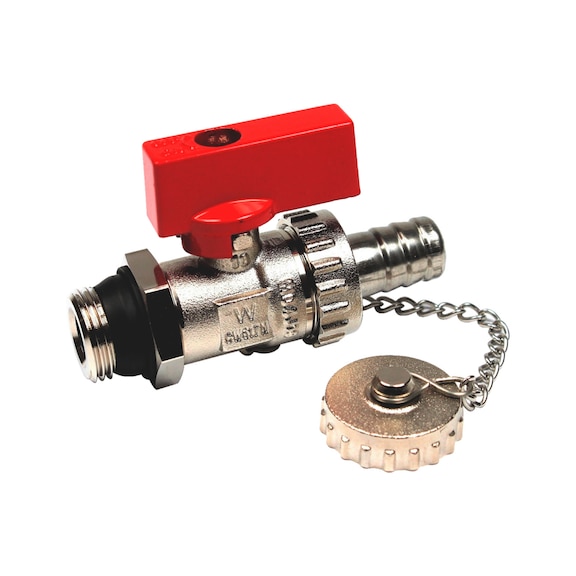 Ball valve KFE M/M w. cap, chain a. hose fitting - BALVLVE-KFE-ET/ET-BRS-(NI)-SLFSEAL-G1/2