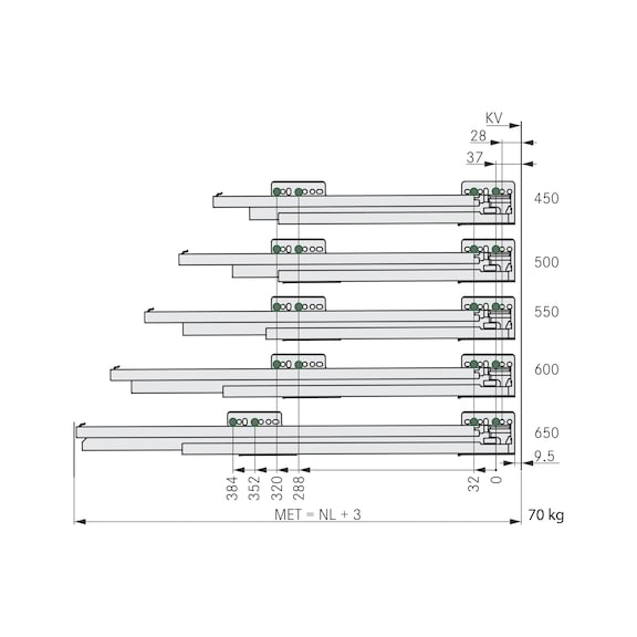 Rechteckreling-Set Nova Pro Scala für Frontauszug H90 mit Holzrückwand - 6