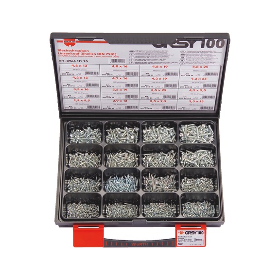 ORSY<SUP>®</SUP>pias<SUP>® </SUP>drilling screws, pan head with collar, assortment of 100