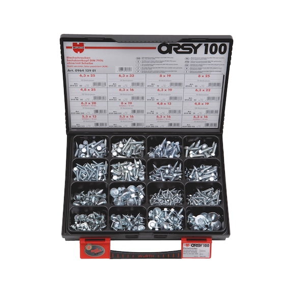 Tapping screws and combi-tapping screws, hexagon head, ORSY<SUP>®</SUP>assortment of 100 - SCR-STAP-SET-DIN7976-(A2K)-890PCS