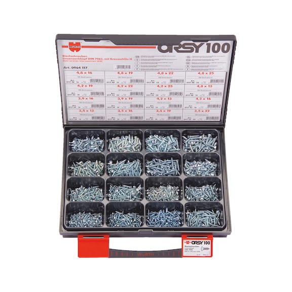 Raised countersunk tapping screws ORSY<SUP>®</SUP>assortment of 100