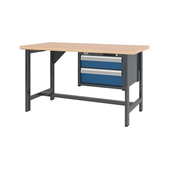 System workbench 1500&nbsp;mm with 2 fixed workbench feet and drawer wall-mounted cabinet 8.6 - WRKBNCH-2LEG-CAB-2DRWR-1500-H835-R5010