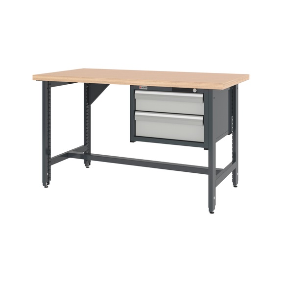 System workbench 1500&nbsp;mm with 2 height-adjustable workbench feet and drawer wall-mounted cabinet 8.6 - WRKBNCH-ADJ-2LEG-CAB-2DRWR-1500-RAL7035