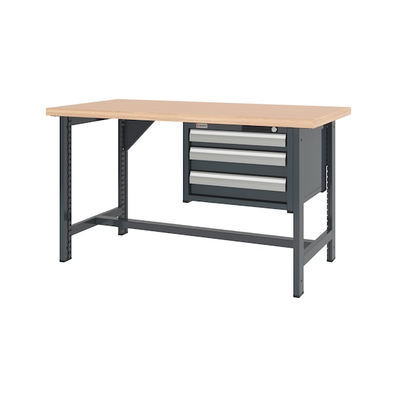 System workbench 1500&nbsp;mm with 2 fixed workbench feet and drawer wall-mounted cabinet 8.6 - WRKBNCH-2LEG-CAB-3DRWR-1500-H835-R7016