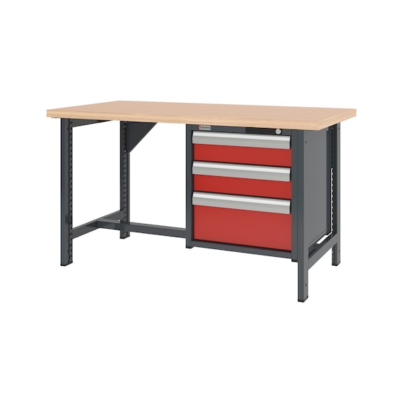 System workbench 1500&nbsp;mm with 2 fixed workbench feet and drawer wall-mounted cabinet 8.6 - WRKBNCH-2LEG-CAB-3DRWR-1500-H835-R3020