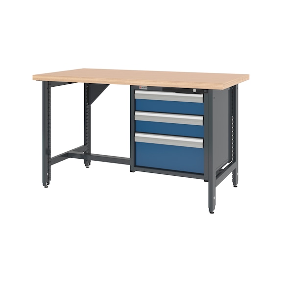 System workbench 1500&nbsp;mm with 2 height-adjustable workbench feet and drawer wall-mounted cabinet 8.6 - WRKBNCH-ADJ-2LEG-CAB-3DRWR-1500-RAL5010