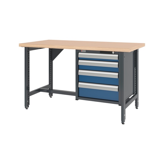 System workbench 1500&nbsp;mm with 2 height-adjustable workbench feet and drawer wall-mounted cabinet 8.6 - WRKBNCH-ADJ-2LEG-CAB-4DRWR-1500-RAL5010