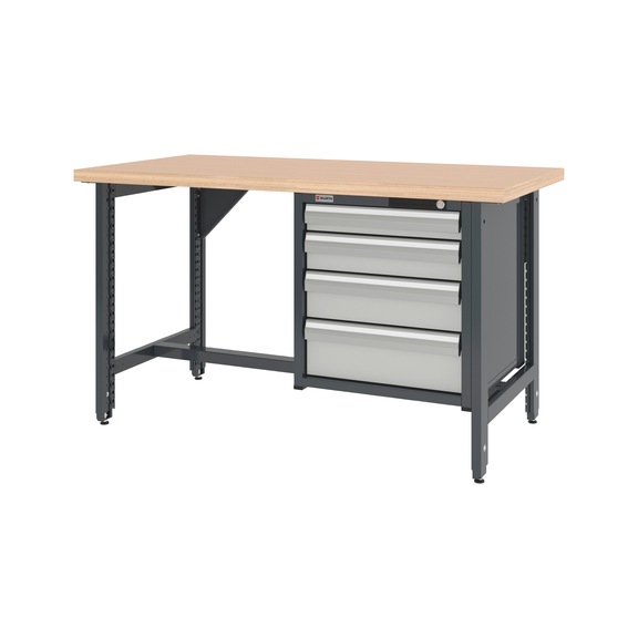 System workbench 1500&nbsp;mm with 2 height-adjustable workbench feet and drawer wall-mounted cabinet 8.6 - WRKBNCH-ADJ-2LEG-CAB-4DRWR-1500-RAL7035