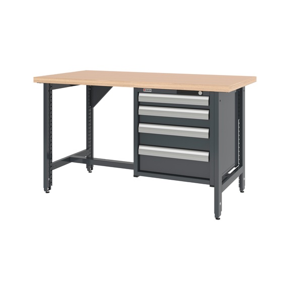 System workbench 1500&nbsp;mm with 2 height-adjustable workbench feet and drawer wall-mounted cabinet 8.6 - WRKBNCH-ADJ-2LEG-CAB-4DRWR-1500-RAL7016