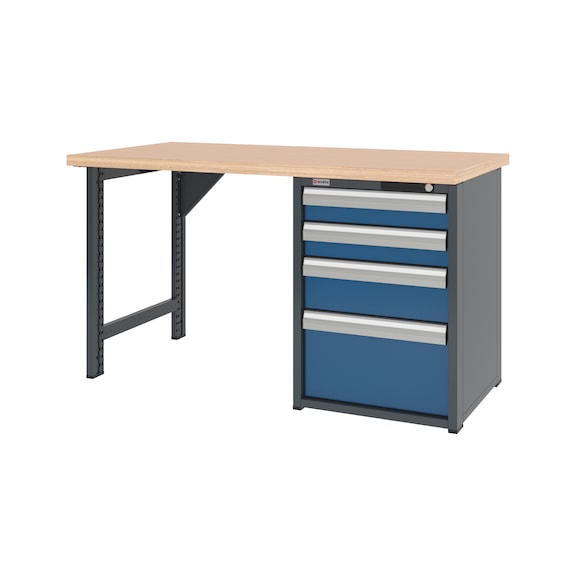 System workbench 1500&nbsp;mm with 1 workbench foot and drawer undercounter cabinet 8.6 - WRKBNCH-1LEG-CAB-4DRWR-1500-H835-RAL5010