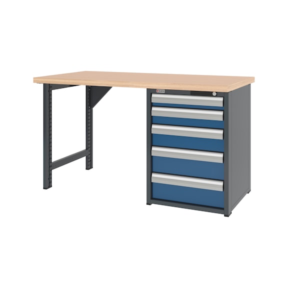 System workbench 1500&nbsp;mm with 1 workbench foot and drawer undercounter cabinet 8.6 - WRKBNCH-1LEG-CAB-5DRWR-1500-H835-RAL5010