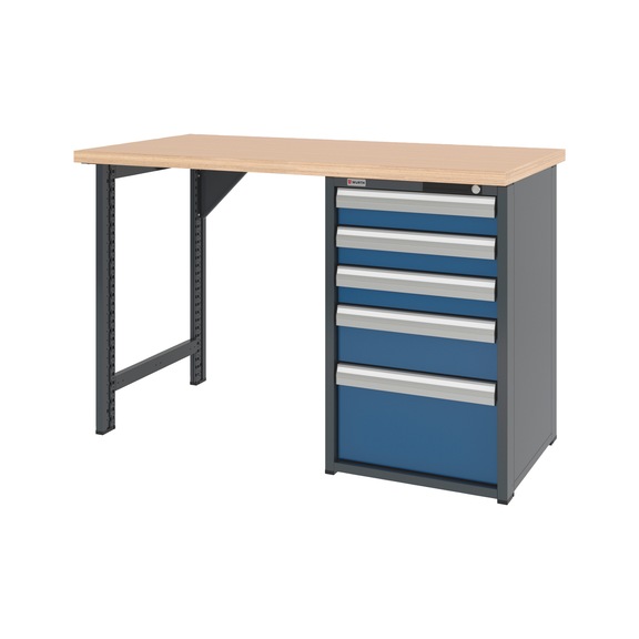 System workbench 1500&nbsp;mm with 1 workbench foot and drawer undercounter cabinet 8.6 - WRKBNCH-1LEG-CAB-5DRWR-1500-H955-RAL5010