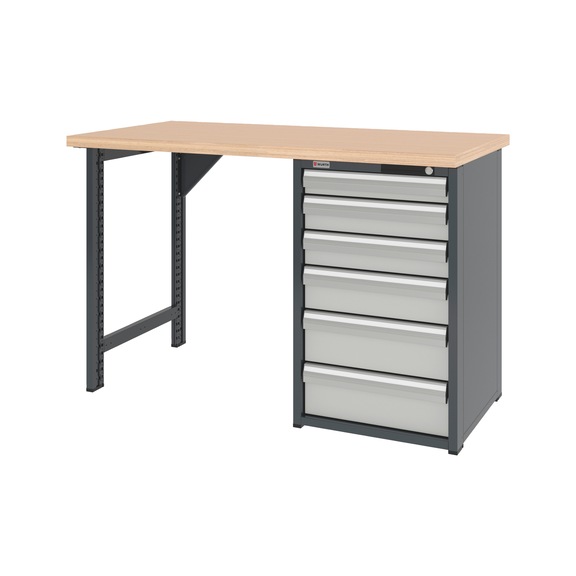 System workbench 1500&nbsp;mm with 1 workbench foot and drawer undercounter cabinet 8.6 - WRKBNCH-1LEG-CAB-6DRWR-1500-H955-RAL7035