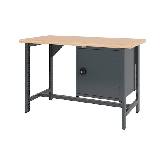 System workbench 1500&nbsp;mm with 2 fixed workbench feet and hinged door wall-mounted cabinet 8.6 - WRKBNCH-2LEG-WNGDRCAB-1500-H955-R7016