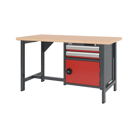 System workbench 1500&nbsp;mm with 2 fixed workbench feet and combination wall-mounted cabinet 8.6 - WRKBNCH-2LEG-COMBICAB-1500-H835-R3020