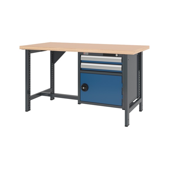 System workbench 1500&nbsp;mm with 2 fixed workbench feet and combination wall-mounted cabinet 8.6 - WRKBNCH-2LEG-COMBICAB-1500-H835-R5010