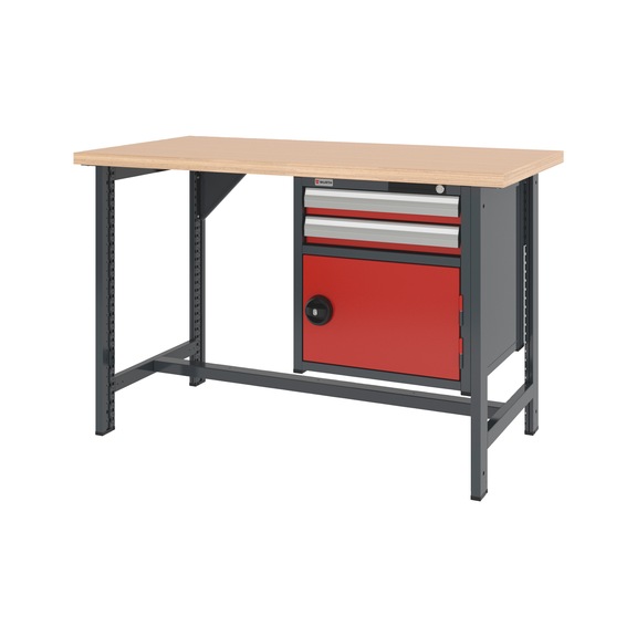 System workbench 1500&nbsp;mm with 2 fixed workbench feet and combination wall-mounted cabinet 8.6 - WRKBNCH-2LEG-COMBICAB-1500-H955-R3020