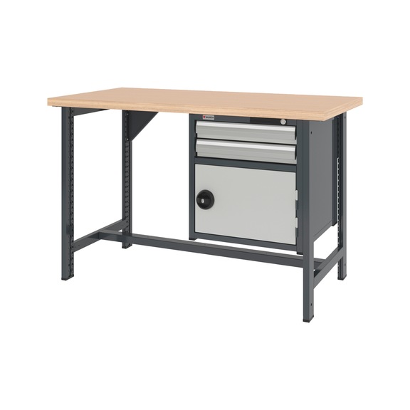 System workbench 1500&nbsp;mm with 2 fixed workbench feet and combination wall-mounted cabinet 8.6 - WRKBNCH-2LEG-COMBICAB-1500-H955-R7035