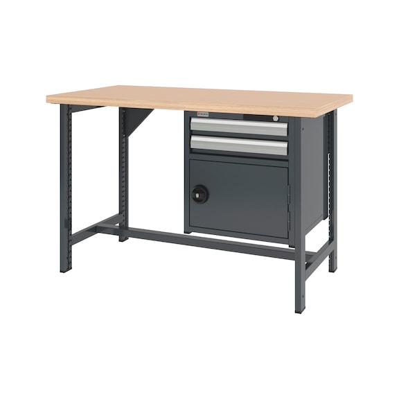 System workbench 1500&nbsp;mm with 2 fixed workbench feet and combination wall-mounted cabinet 8.6 - WRKBNCH-2LEG-COMBICAB-1500-H955-R7016