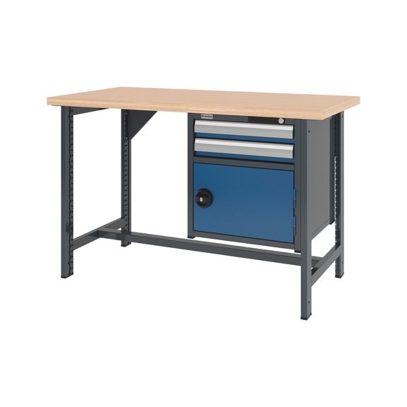 System workbench 1500&nbsp;mm with 2 fixed workbench feet and combination wall-mounted cabinet 8.6 - WRKBNCH-2LEG-COMBICAB-1500-H955-R5010