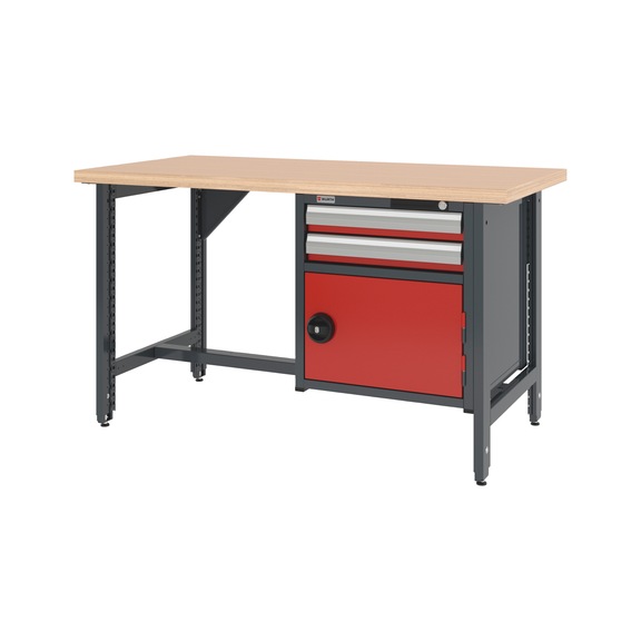 System workbench 1500&nbsp;mm with 2 height-adjustable workbench feet and combination wall-mounted cabinet 8.6 - WRKBNCH-ADJ-2LEG-COMBICAB-1500-RAL3020