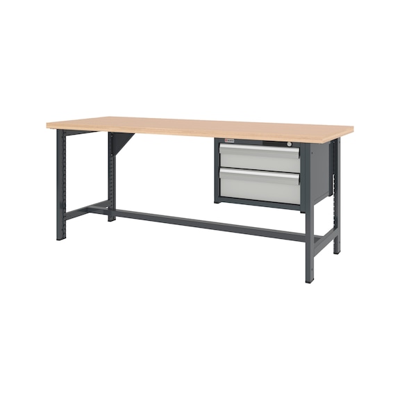 System workbench 2000&nbsp;mm with 2 fixed workbench feet and drawer wall-mounted cabinet 8.6 - WRKBNCH-2LEG-CAB-2DRWR-2000-H835-R7035