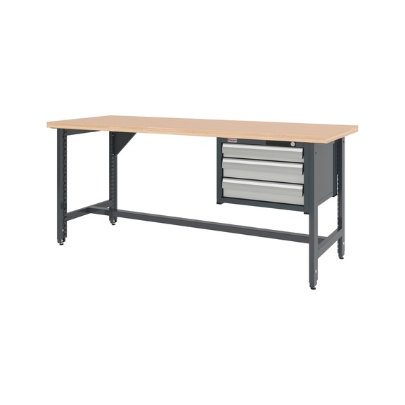 System workbench 2000&nbsp;mm with 2 height-adjustable workbench feet and drawer wall-mounted cabinet 8.6 - WRKBNCH-ADJ-2LEG-CAB-3DRWR-2000-RAL7035