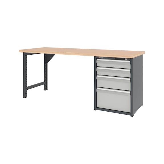 System workbench 2000&nbsp;mm with 1 workbench foot and drawer undercounter cabinet 8.6 - WRKBNCH-1LEG-CAB-4DRWR-2000-H835-RAL7035